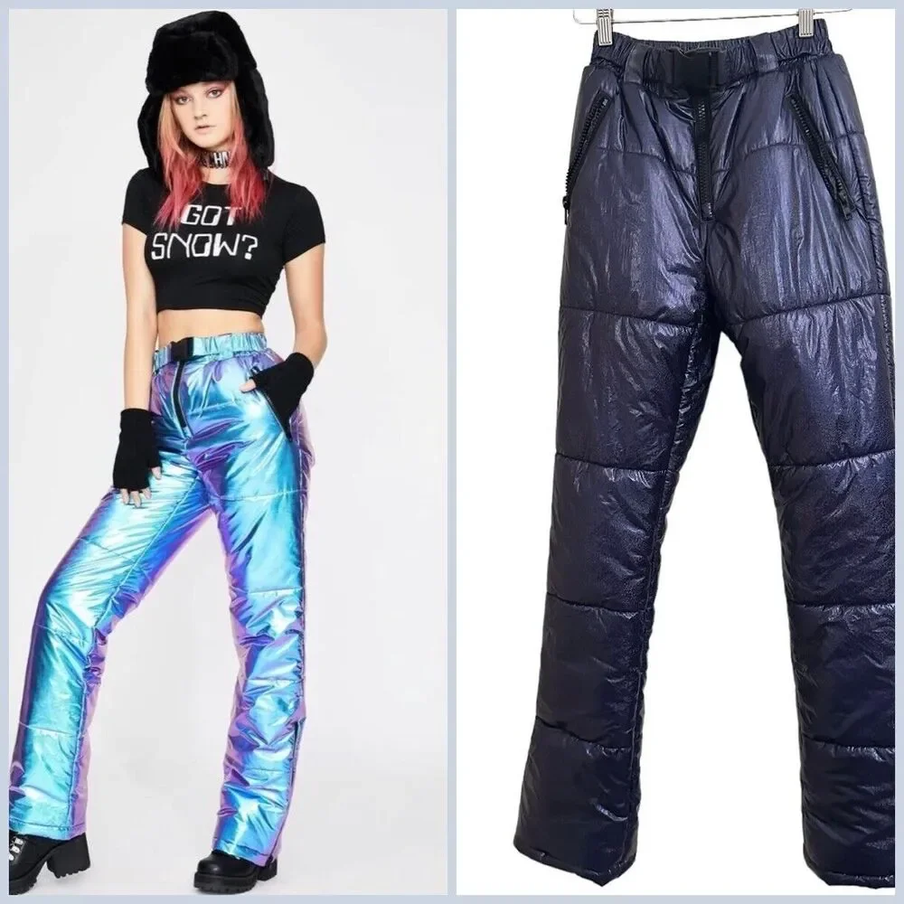 Clubb Exx metallic Blue Ski Snow Pants Xs Dollz Kill Iridescent‎ Puffer Shimmery